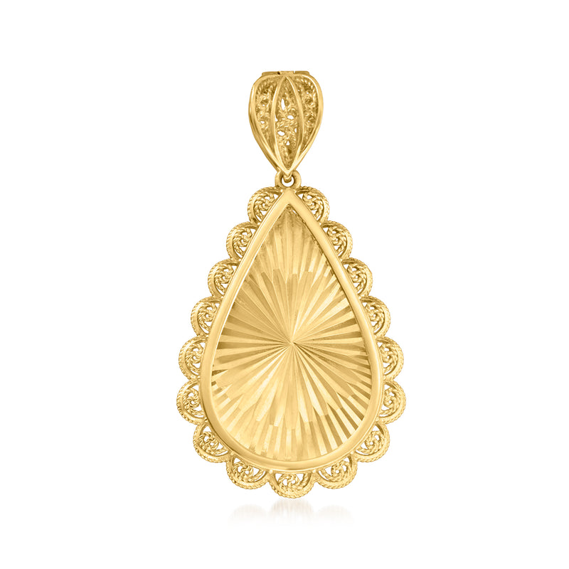 Gold over sterling filigree teardrop pendant with sunburst center