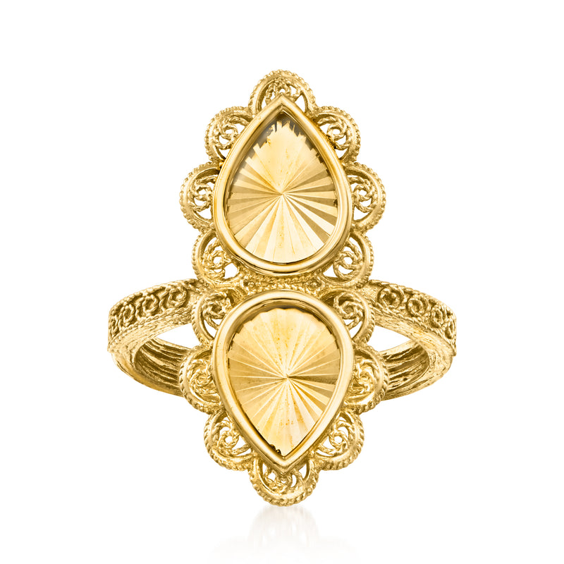 Gold over sterling filigree ring with two teardrop sunburst stones, openwork