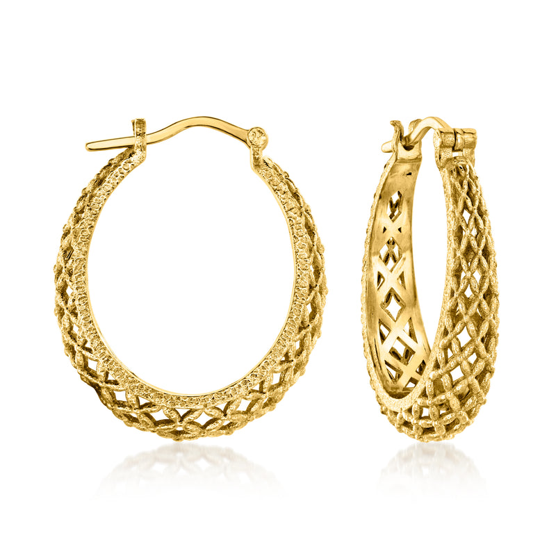 Gold-tone oval hoop earrings with crisscross textured design, hinged backs
