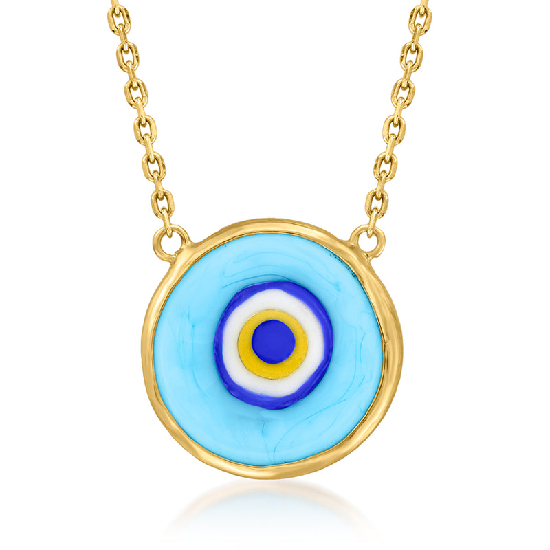 Evil eye glass pendant necklace with blue multicolor eye on gold chain