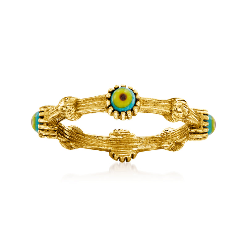 Gold-tone evil eye ring with multicolored glass center and hand motif
