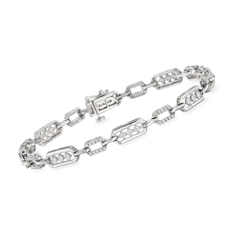 Sterling silver diamond rectangle-link bracelet with rectangular pave stones