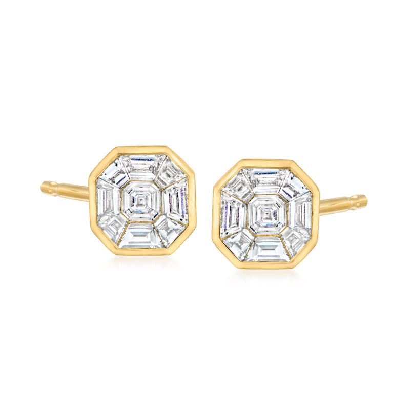 18kt yellow gold diamond cluster post earrings with octagonal square-cut stone settings