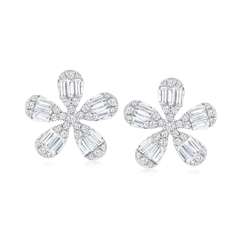 18kt white gold diamond flower cluster stud earrings with baguette and round stones