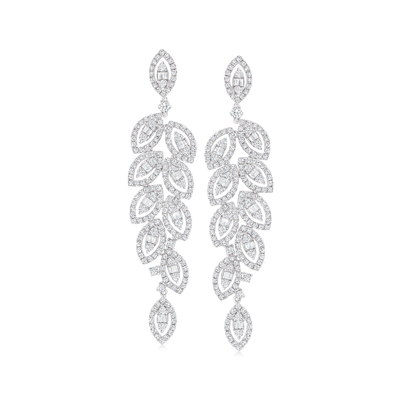 Diamond leaf chandelier drop earrings in 18kt white gold, jeweled dangling leaf design