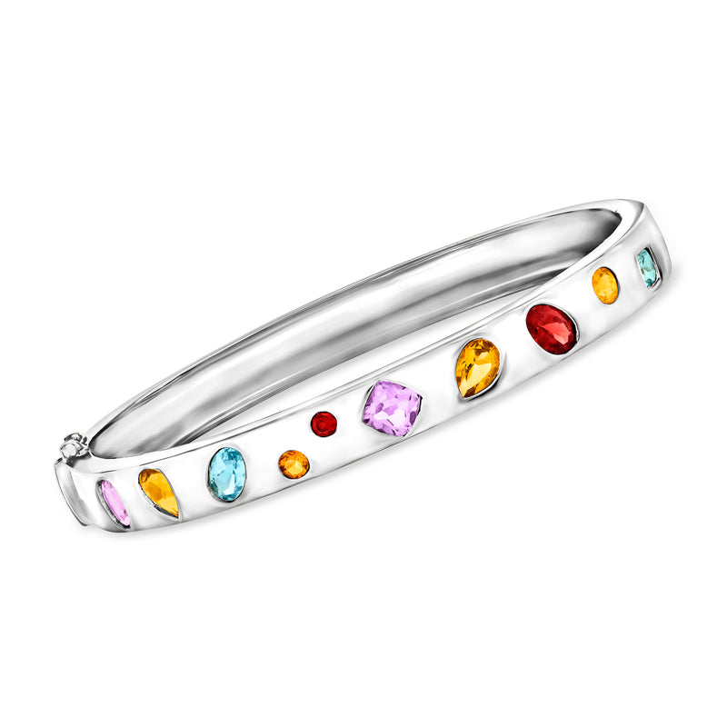 Sterling silver bangle bracelet with multicolor gemstones in oval and round settings
