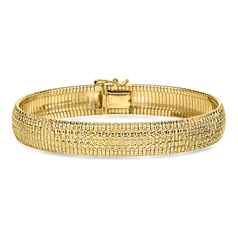 Gold over sterling textured bracelet with polished clasp, flexible band