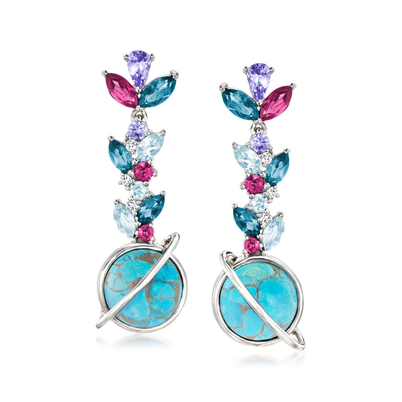 Sterling silver planet drop earrings with oval turquoise cabochon and multi-gem drops
