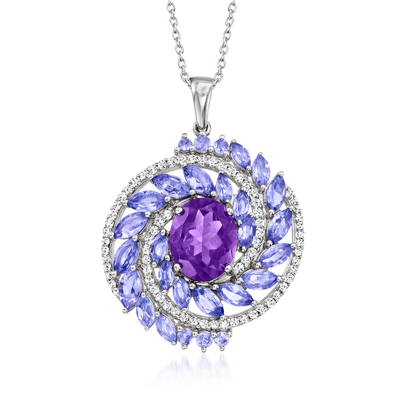 Sterling silver amethyst and tanzanite pendant necklace with halo-style gemstones