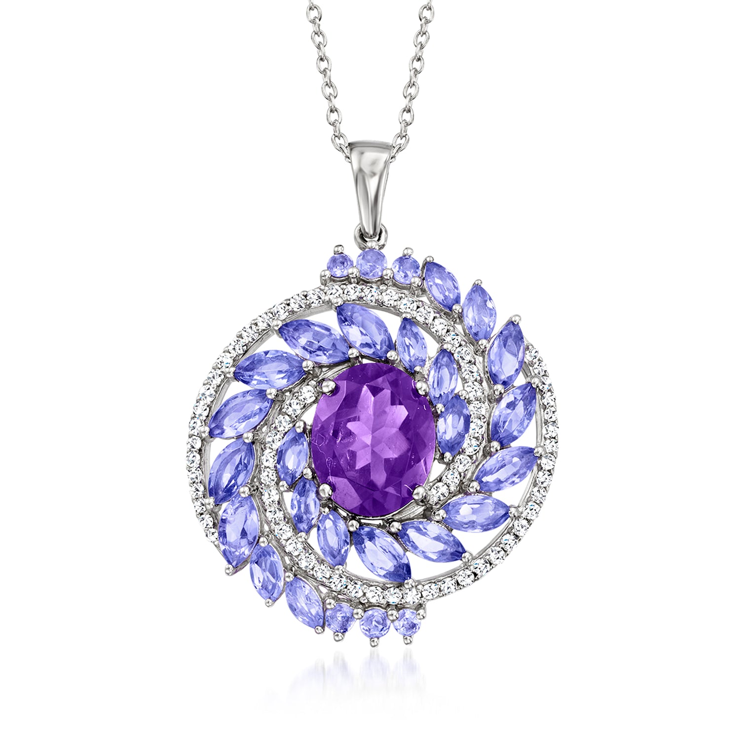 2.00 Carat Amethyst and 2.30 ct. t.w. Tanzanite Pendant Necklace with .50 ct. t.w. White Zircons in Sterling Silver