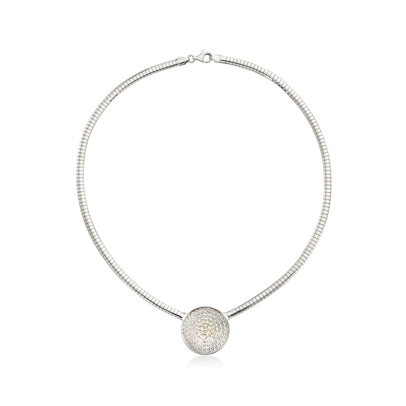 Sterling silver circle station necklace with textured, polished round centerpiece