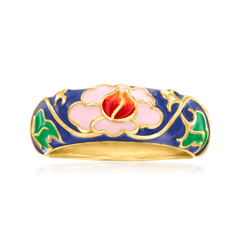 Enamel flower ring in gold-tone with red petal and blue body, green accents