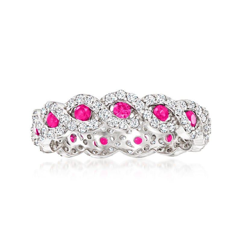 Sterling silver eternity band with alternating pink oval simulated ruby and clear CZ stones