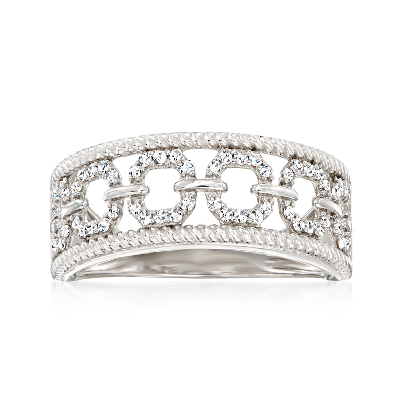 Sterling silver geometric-link diamond ring with small round stones, polished band