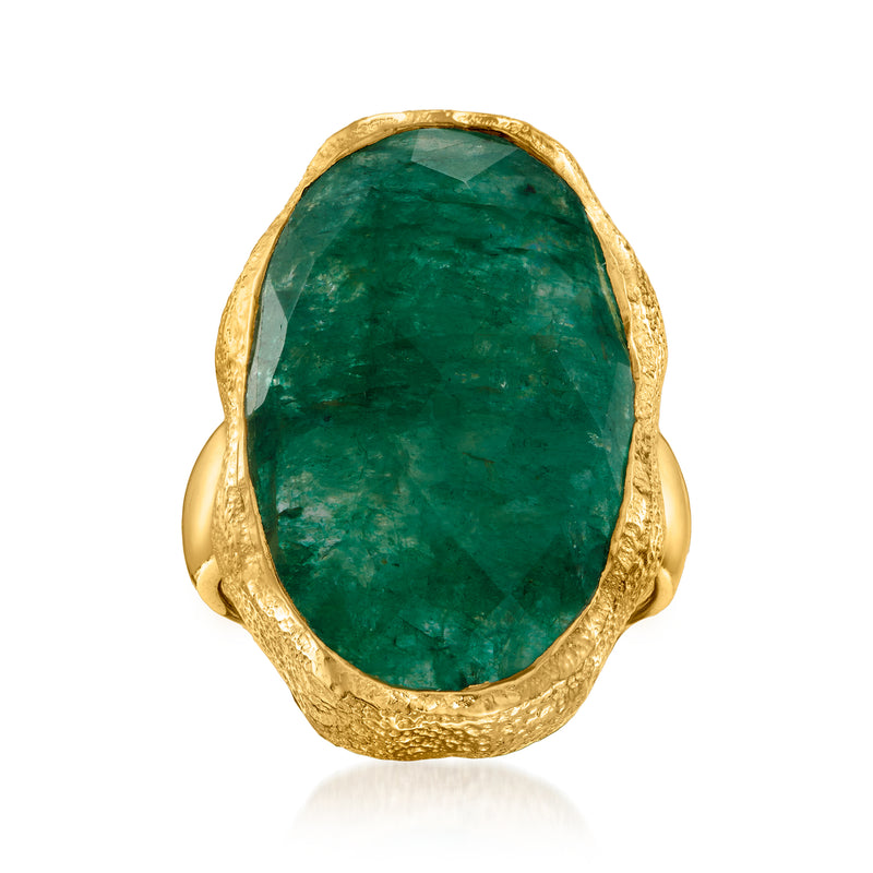 Gold oval emerald-green ring with hammered band, bezel-set gemstone