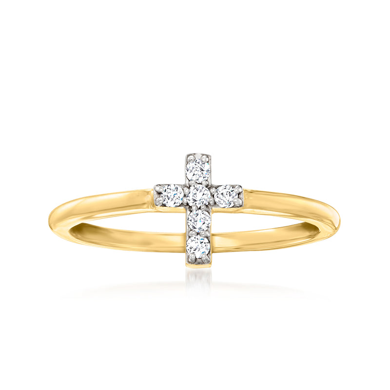 14kt yellow gold diamond cross ring with central round stone and side accents