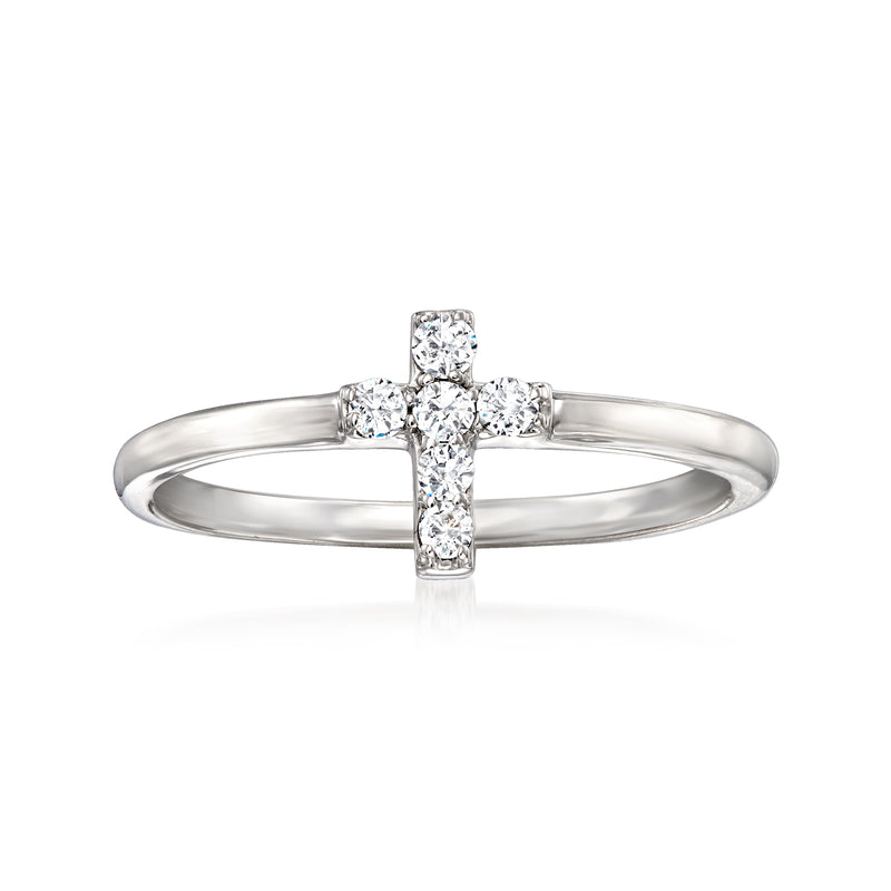 14kt white gold cross diamond ring with square-set center and side stones