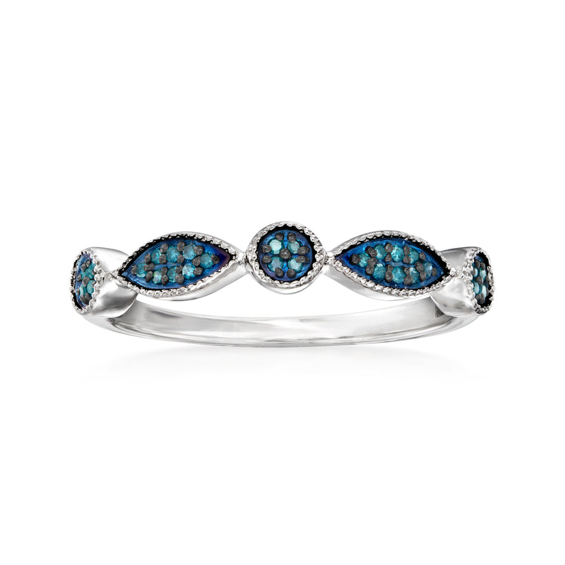 Sterling silver milgrain ring with blue diamond cluster ovals and three bezels