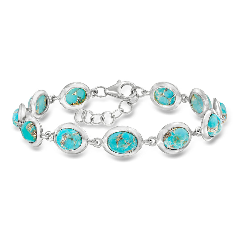 Turquoise cabochon sterling silver bracelet with linked oval bezel settings