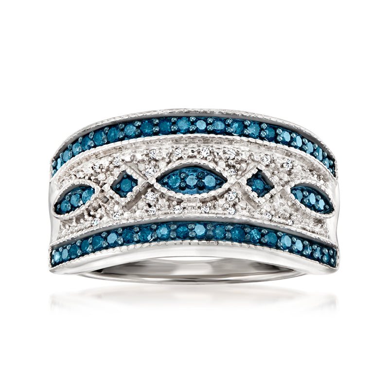 Sterling silver ring with blue and white diamonds, openwork band