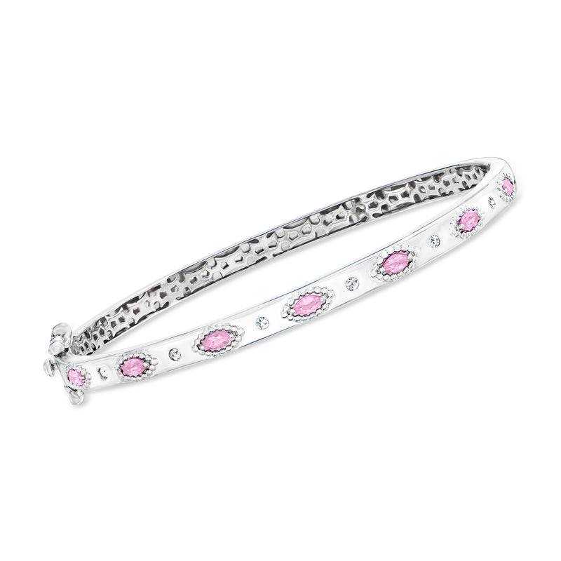 Sterling silver bangle bracelet with pink oval stones and diamond accents