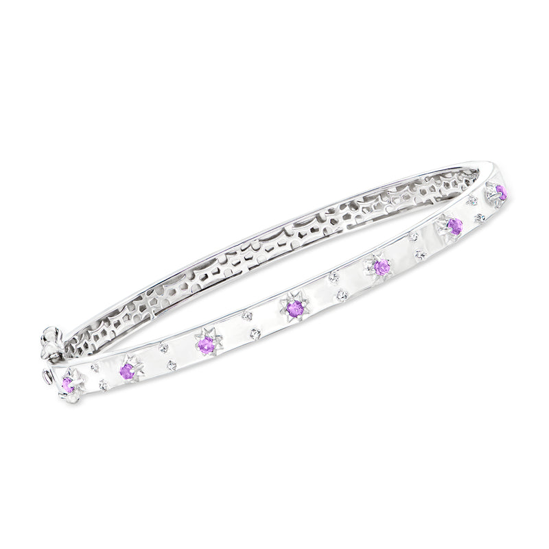 Sterling silver amethyst flower bangle bracelet with diamond accents