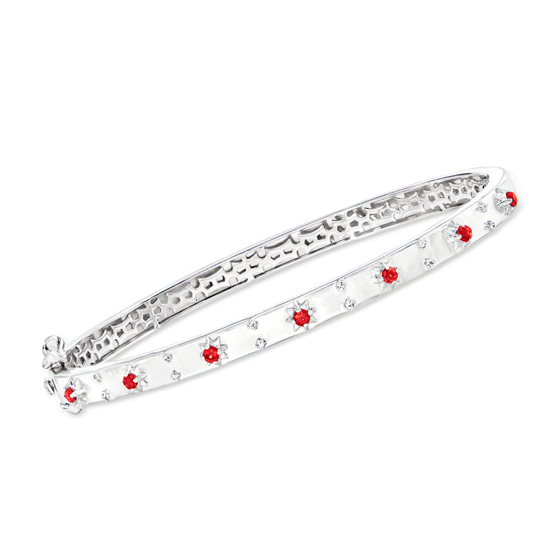 Sterling silver bangle bracelet with red flower garnet accents and diamond-like sparkle stones