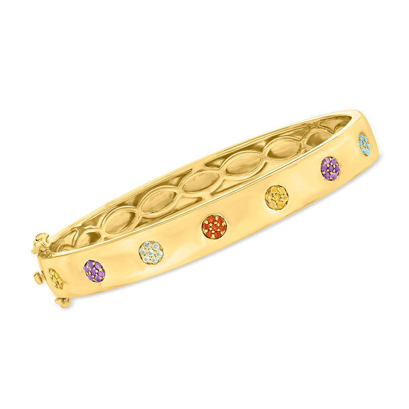Gold over sterling bangle bracelet with oval engraved pattern and colorful gemstone accents