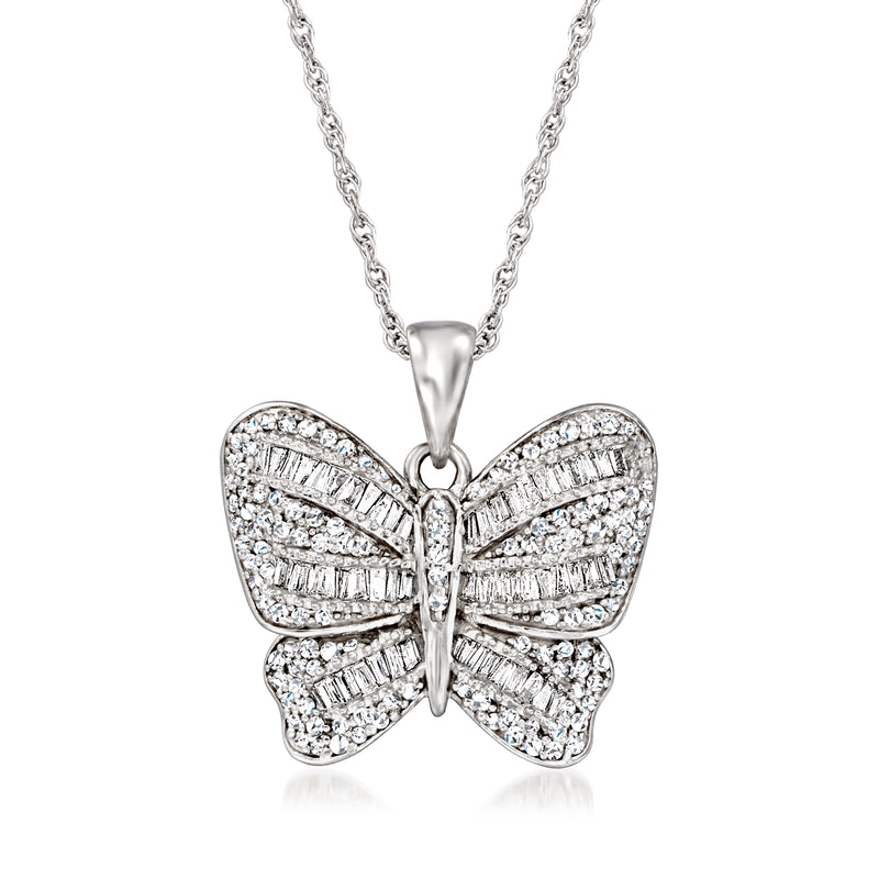 Sterling silver diamond butterfly pendant necklace with baguette and round stones
