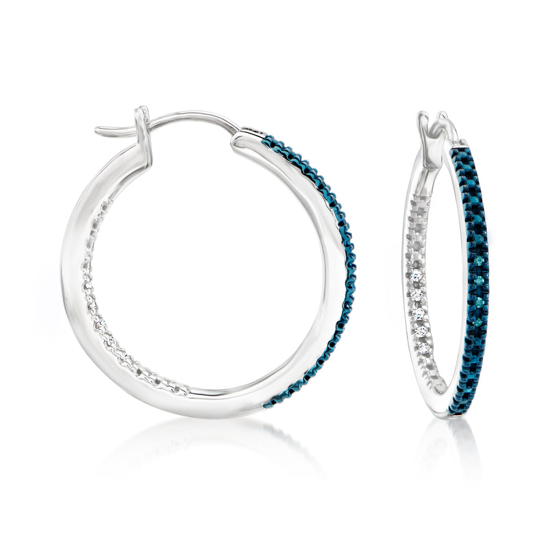 Sterling silver diamond hoop earrings with blue inside-out edge