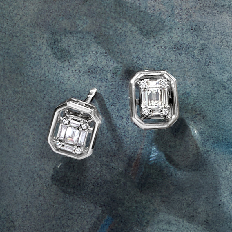 Sterling silver diamond cluster stud earrings with square center and round accents