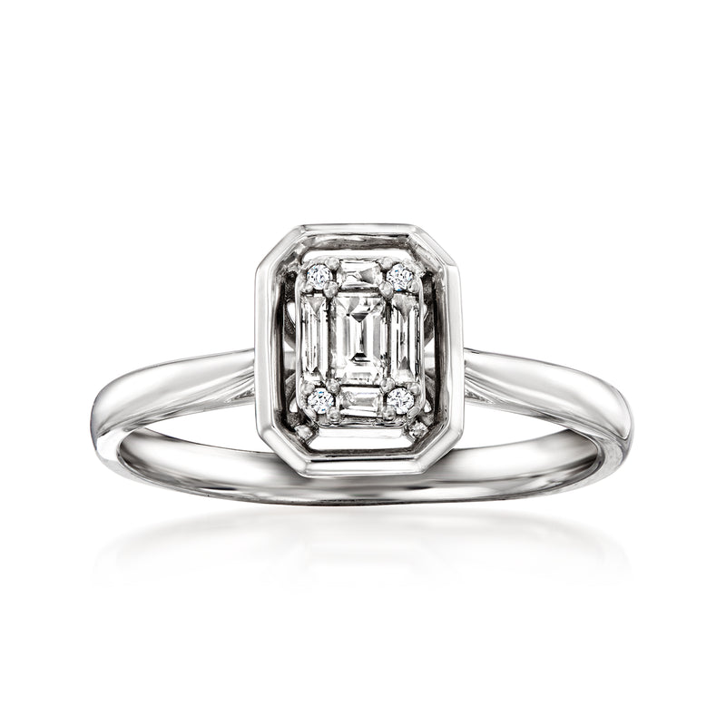 Sterling silver diamond cluster ring with square center and baguette side stones