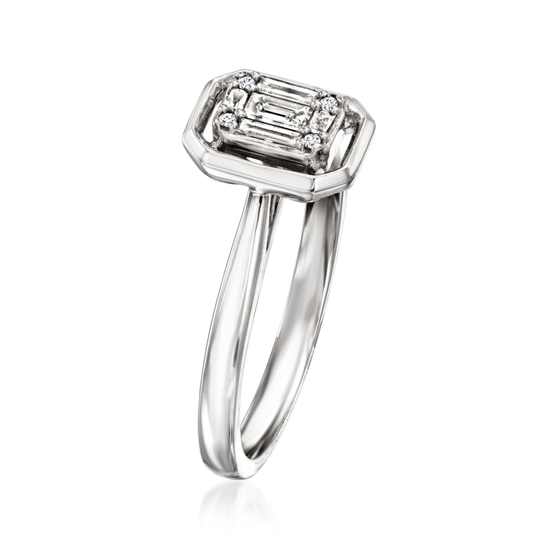 Sterling silver diamond cluster ring, square-cut centerpiece with baguette accents