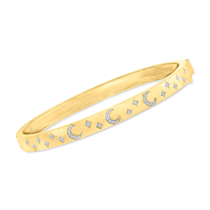 Gold over sterling bangle bracelet with crescent moons, stars, and blue accents