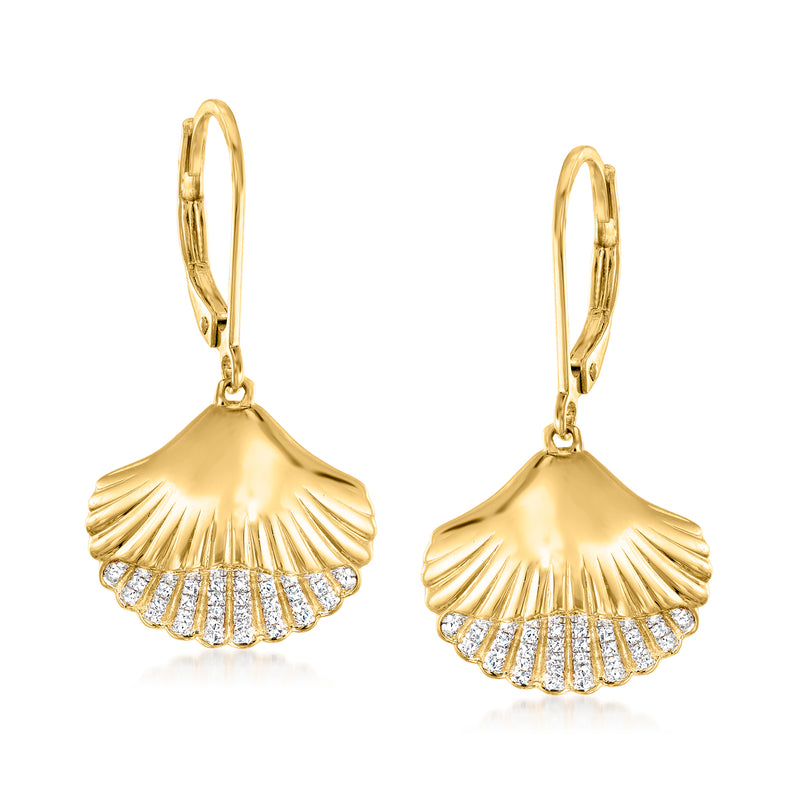 Gold seashell drop earrings with diamond-studded fan, leverback closure