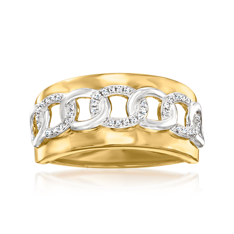 Two-tone sterling silver curb-link diamond ring with five round-cut stones, gold top band