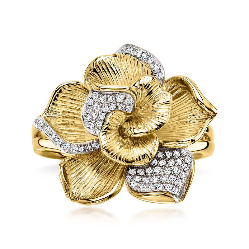 Gold flower ring with textured petals and white diamond-like stones, open-work design