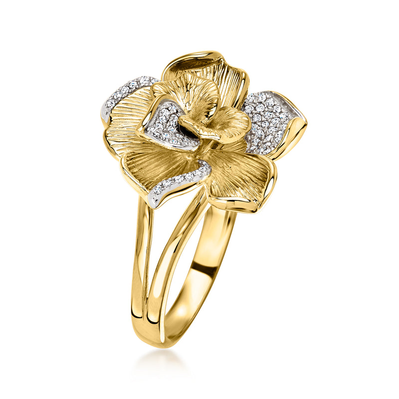 Gold flower ring with diamond-like stone petals, slim band, side view