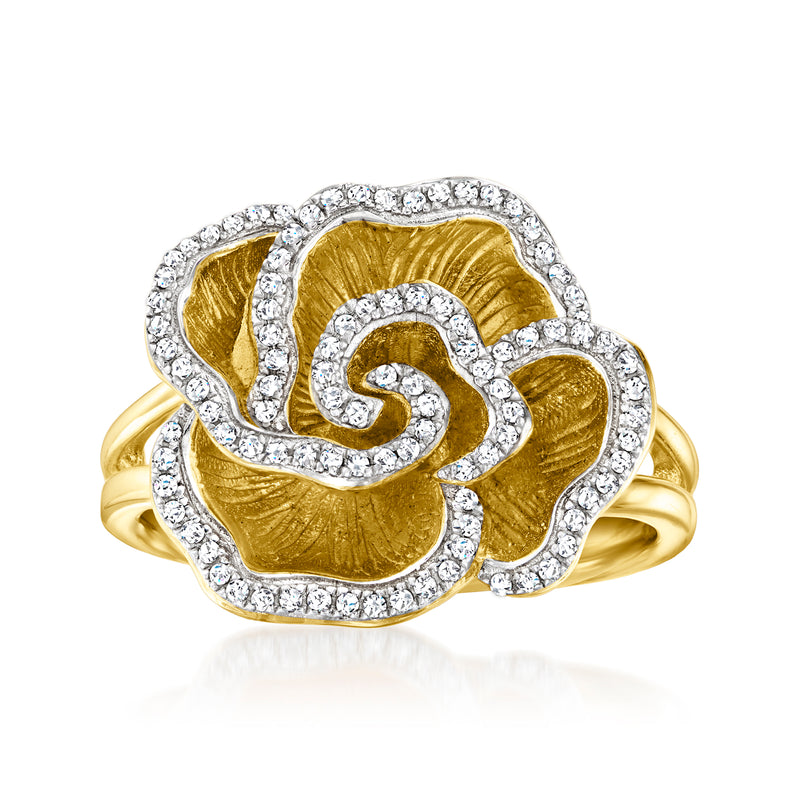 Diamond flower ring in 18kt gold over sterling with textured petals