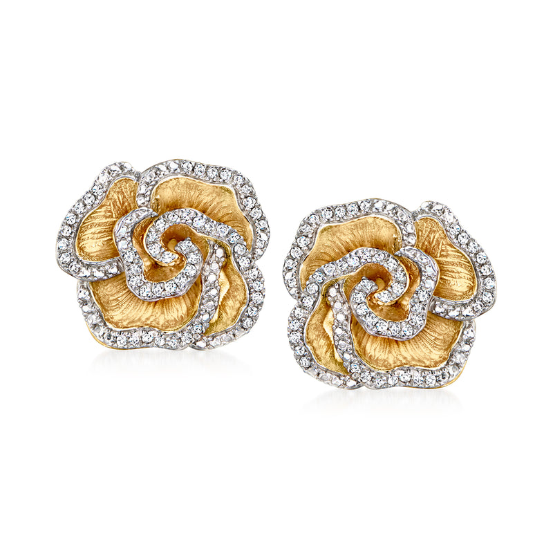 Gold over sterling diamond flower stud earrings with white stone swirl halo