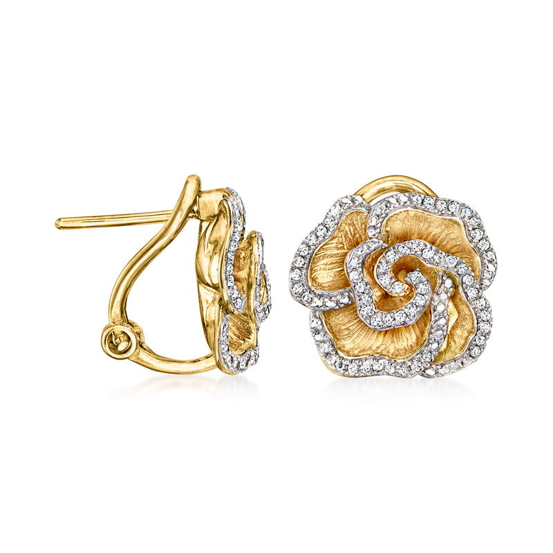Gold over sterling diamond flower clip-post earrings with scalloped white stone halo