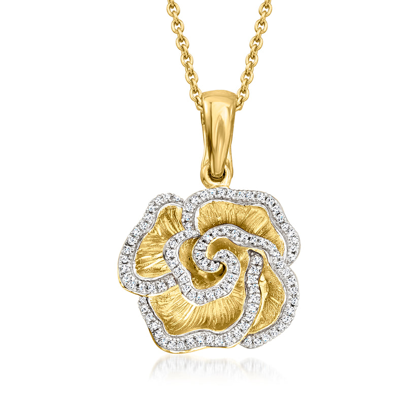 Gold over sterling diamond flower pendant necklace with linked chain, gold center and pave border.
