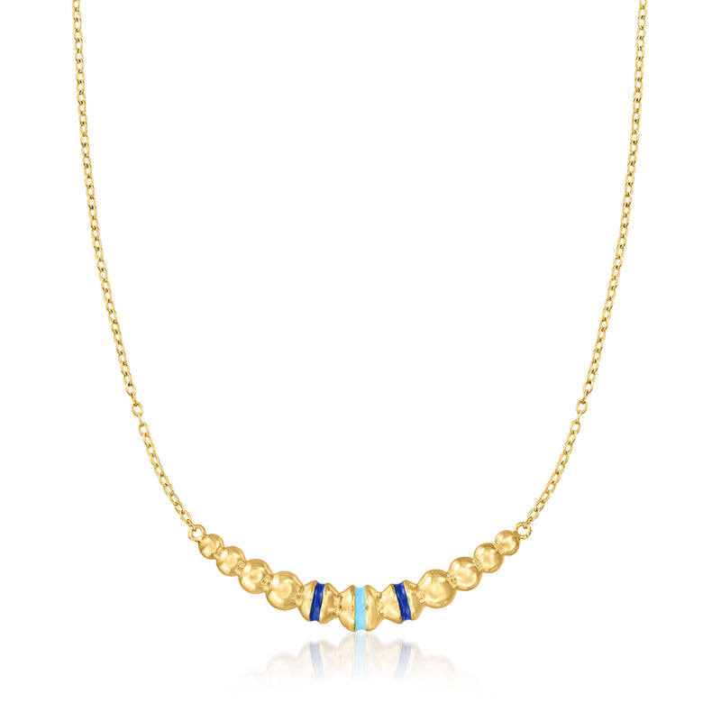 Gold-tone beaded crescent necklace with blue enamel links, delicate chain and clasp