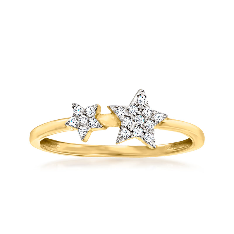 10kt yellow gold diamond two-star ring with two five-point star settings on a slim band