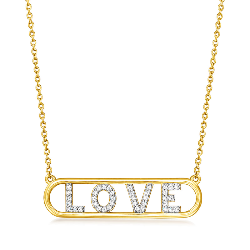 Gold over sterling love plate pendant necklace with pave diamond letters, gold chain