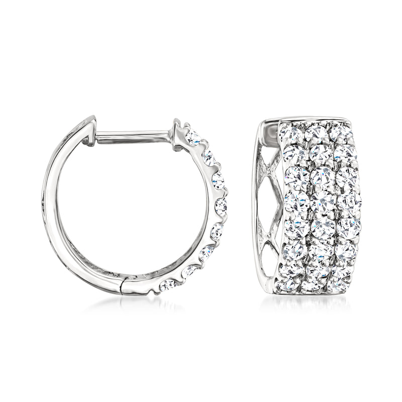 14kt white gold diamond three-row huggie hoop earrings, open hoop side view