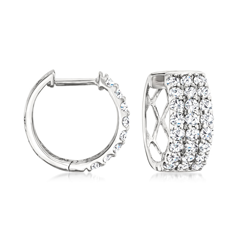 14kt white gold diamond three-row huggie hoop earrings, side and front view