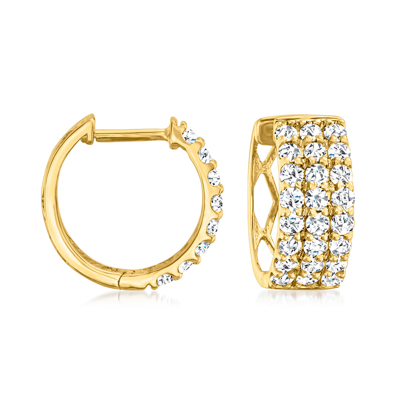 14kt yellow gold three-row diamond huggie hoop earrings, small round hoop with stones