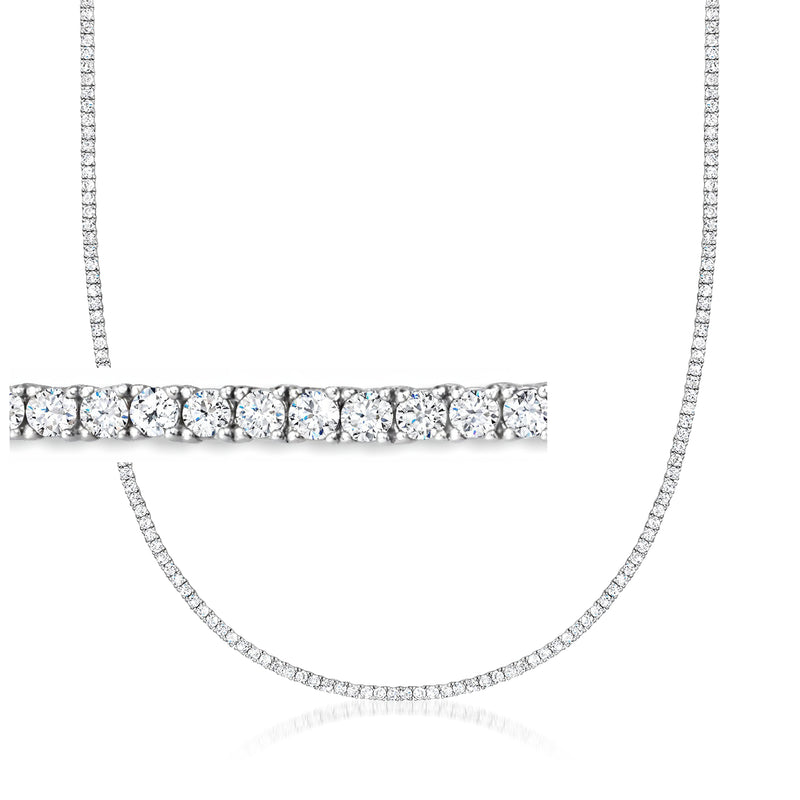 14kt white gold diamond tennis necklace with bezel-set round stones, flexible line design