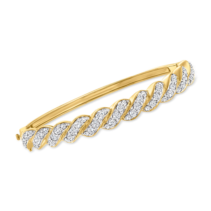 Twisted diamond bangle bracelet in gold over sterling with pavé-set stones